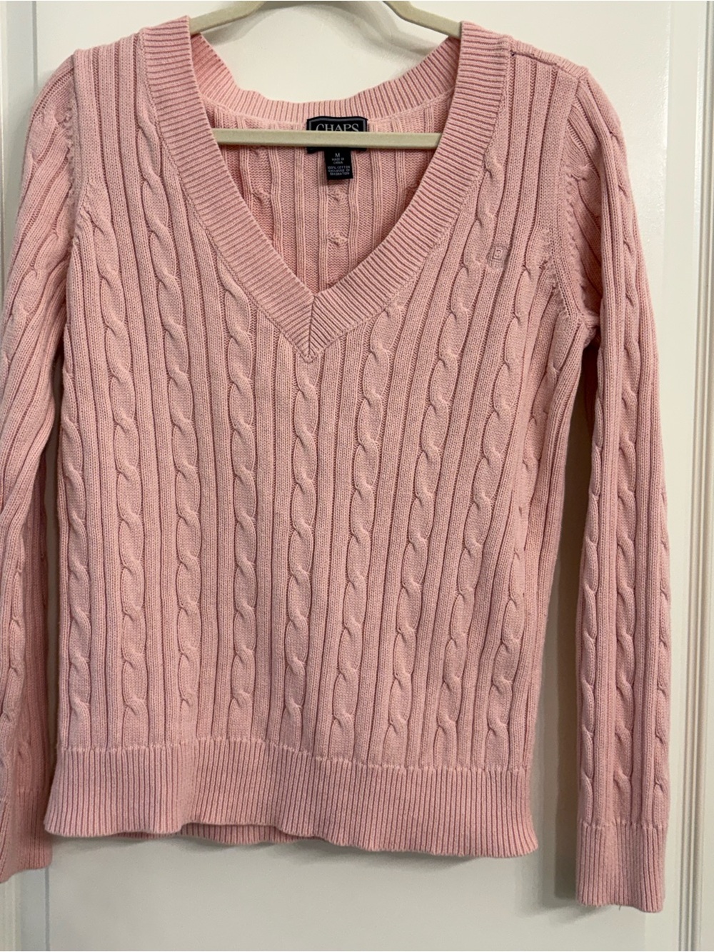 Chaps Light Pink Cable-Knit V-Neck Sweater